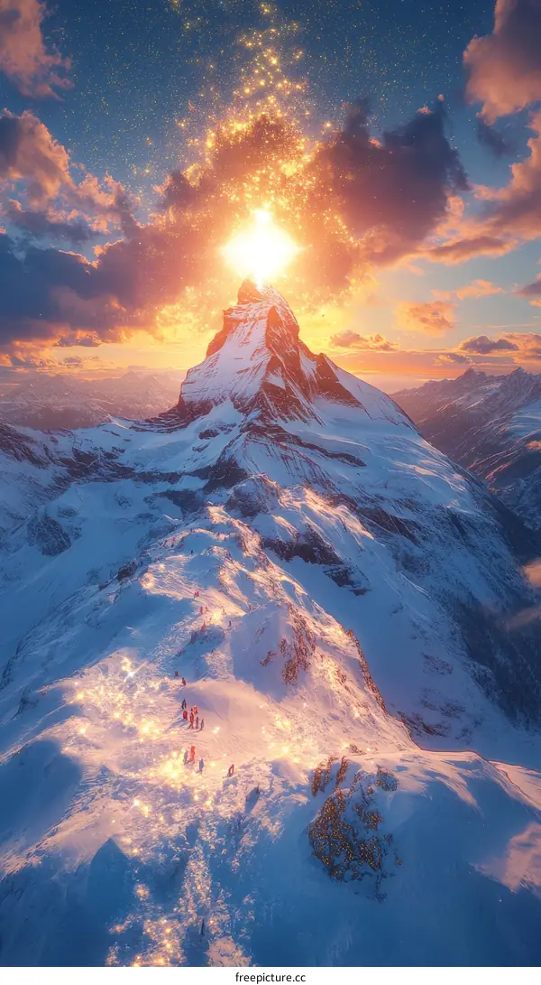 Majestic Mountain Summit Sunrise with Hikers