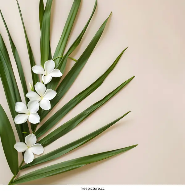 Green Palm Leaves and White Flowers on Beige Background