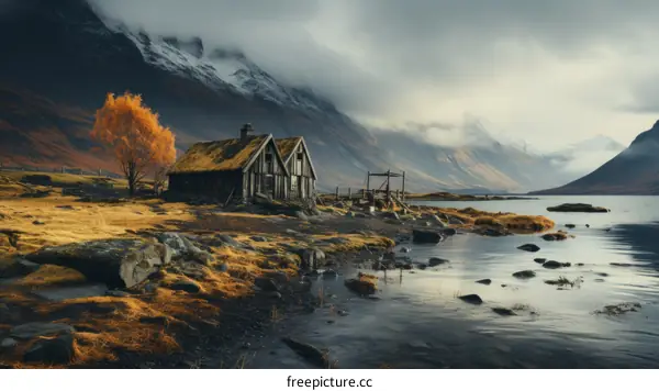 Thatched roof house on lake with snow capped mountains in background