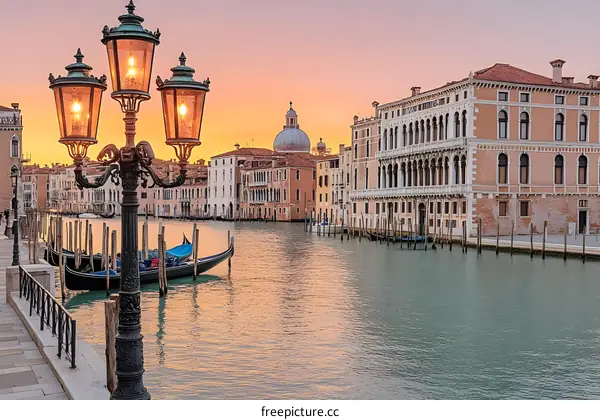 Sunset View of Venice Canal with Gondola and Lamppost