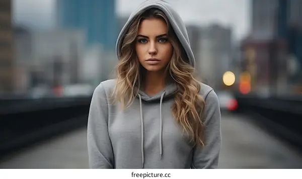 Portrait of a young woman in a gray hoodie looking at the camera with a serious expression on her face