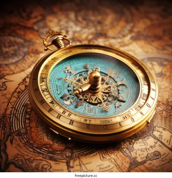 An illustration of a golden compass with a blue dial and intricate engravings, lying on top of an old map.