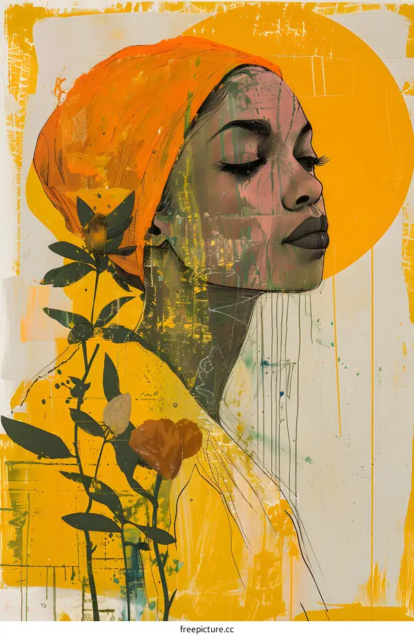 Abstract Portrait of a Woman with Flowers and Yellow Background