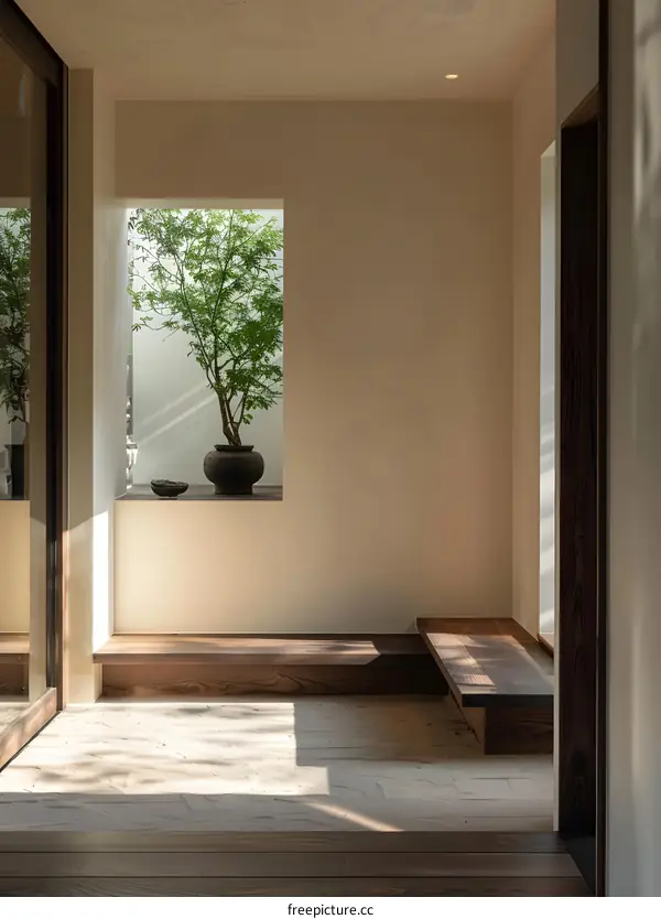 Minimalist Japanese Home Interior With Wooden Bench And Sand Floor
