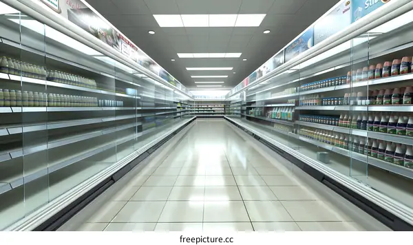 Empty Supermarket Aisle with Glass Shelves and Bright Lights