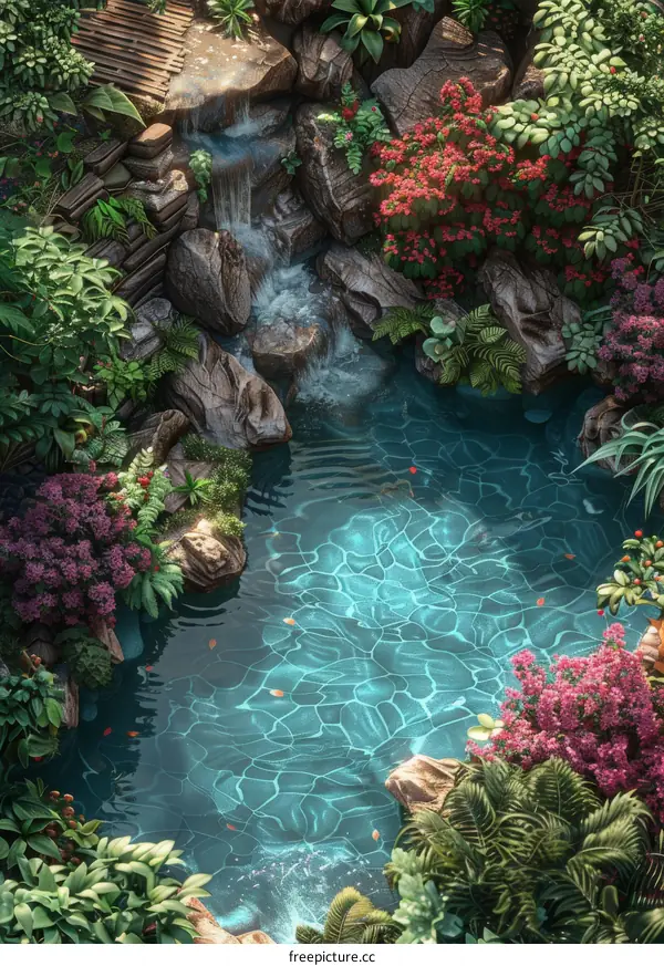 Waterfall in a tropical garden immersed in lush vegetation
