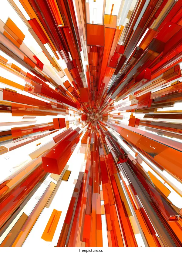 Abstract 3D rendering of a tunnel made of orange and white glass blocks.