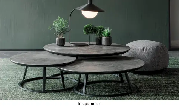 Modern Grey Round Coffee Table Set with Pouf