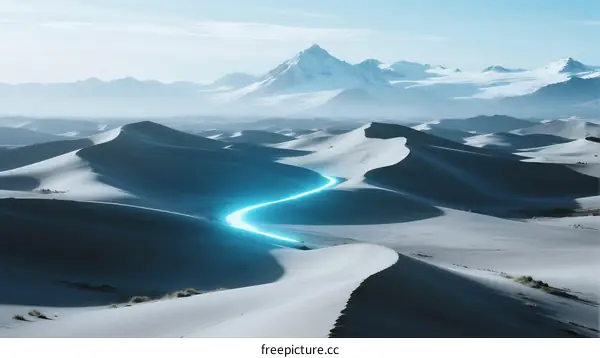 A glowing blue river winds through snow-covered sand dunes under a clear sky