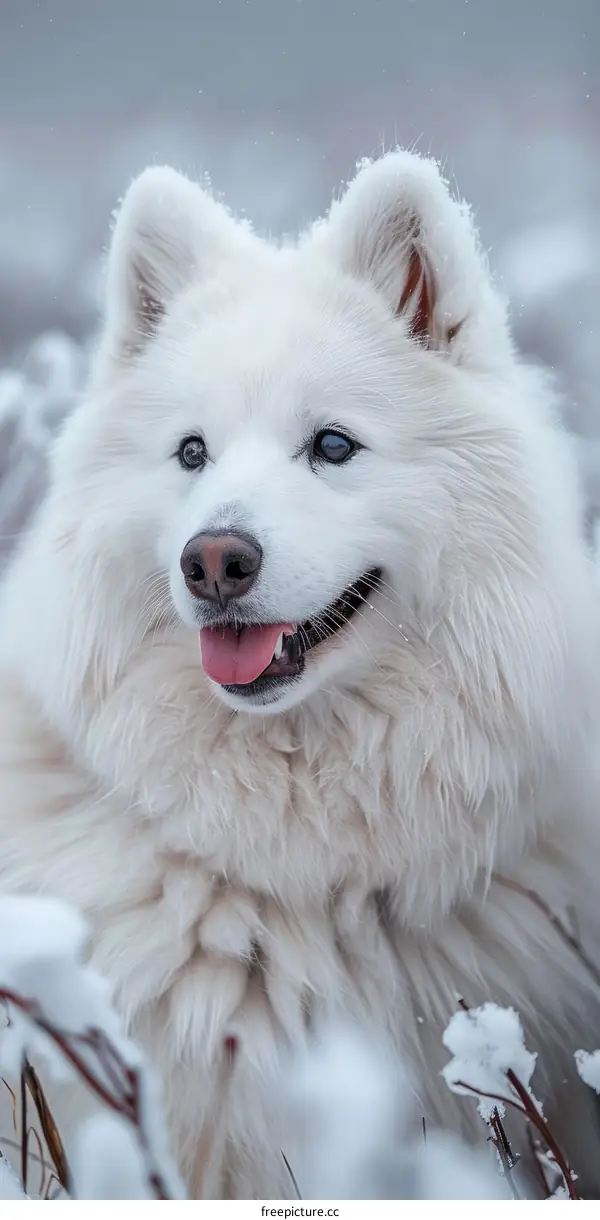 Fluffy White Samoyed Dog in Snowy Winter Wonderland