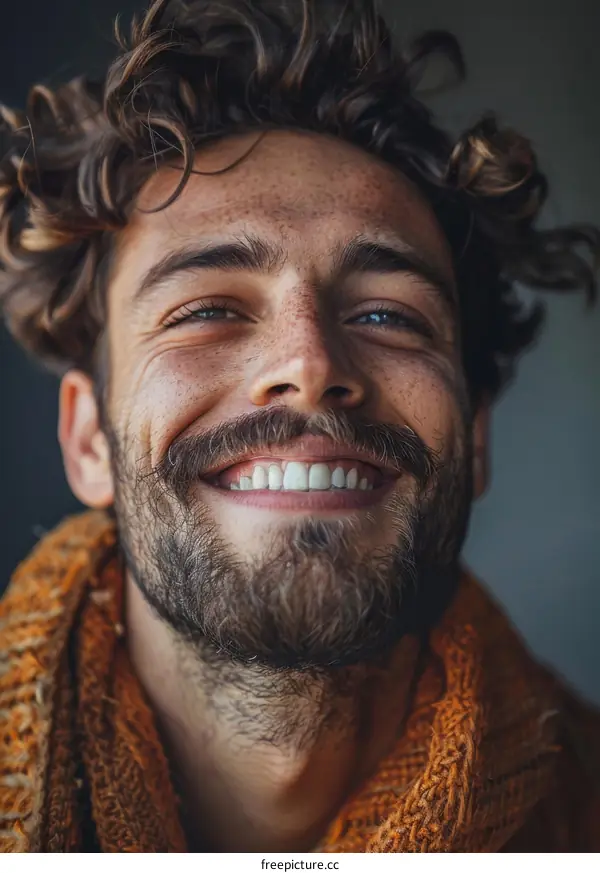 portrait of a smiling man with curly hair and a beard