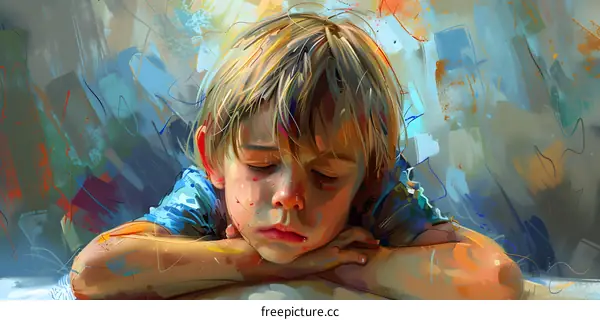 Young Boy with Blonde Hair Sleeping in Colorful Abstract Painting