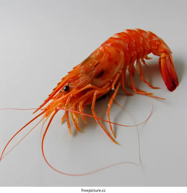 Single cooked prawn on a white background