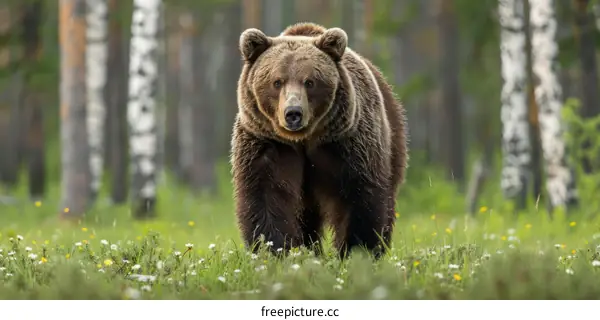 Brown Bear Walking Through a Field of Flowers