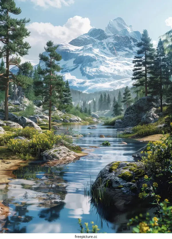 Majestic Mountain Landscape with Serene River and Towering Trees