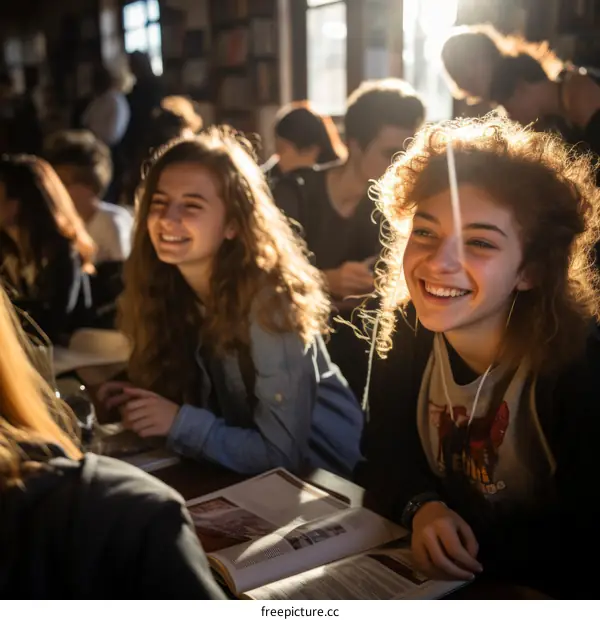 Two young women sitting at a table in a library smiling and laughing