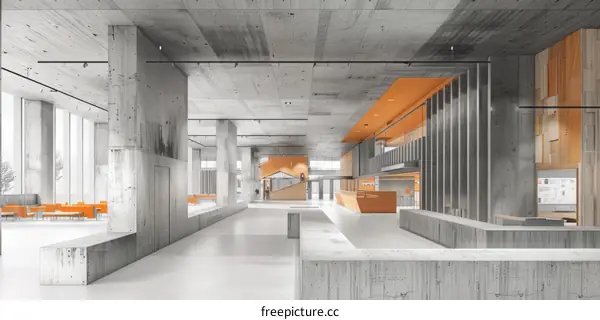 Large open office space with concrete columns and wood accents