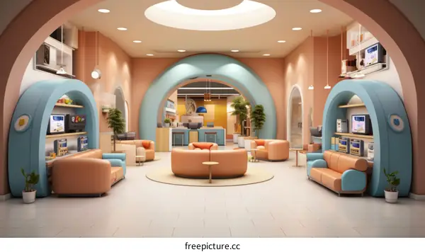 Futuristic Retro Waiting Room with Curved Sofa and Geometric Design