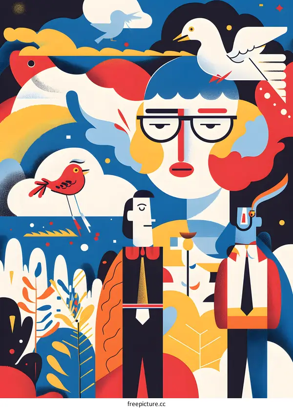 Abstract Colorful Illustration of Three People Standing in a Garden with Birds