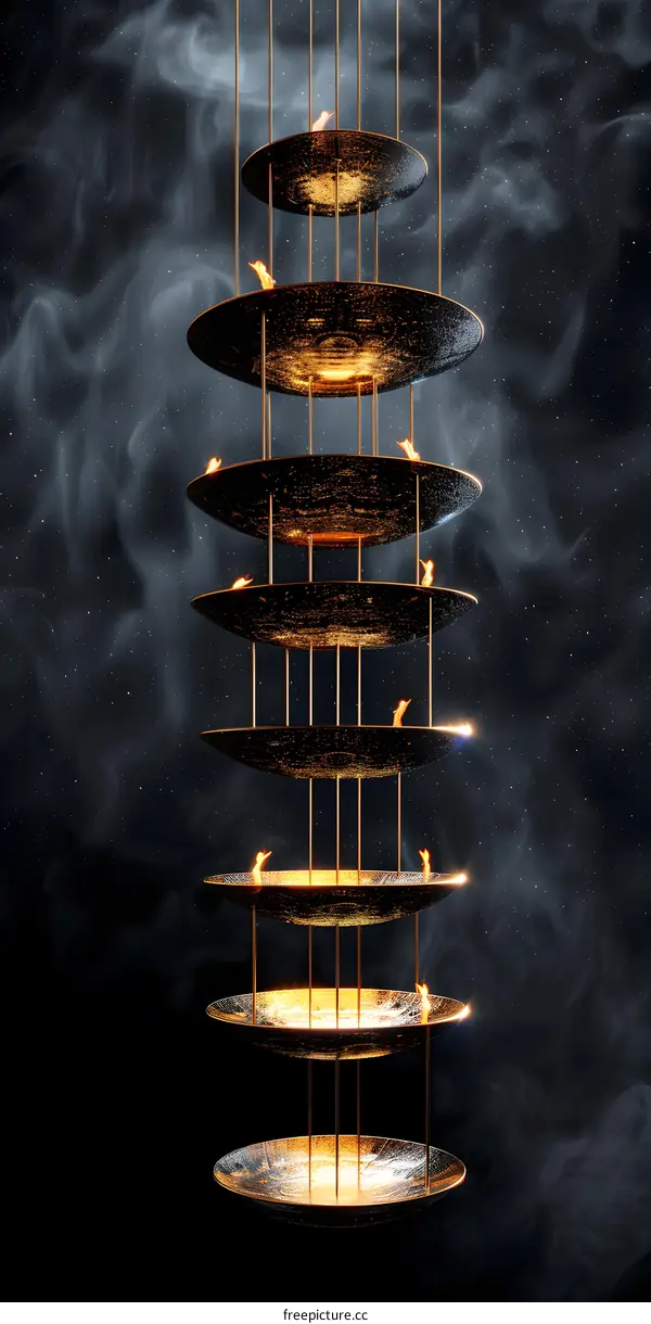Golden Chandelier with Flame Hanging in Space