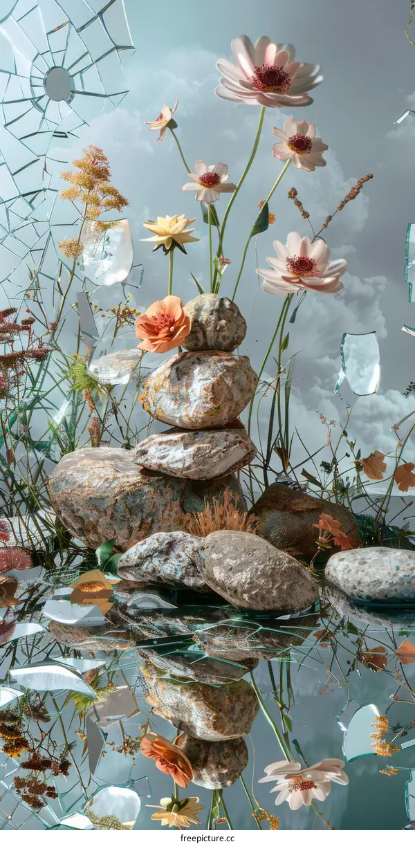 Rocks And Flower By Water