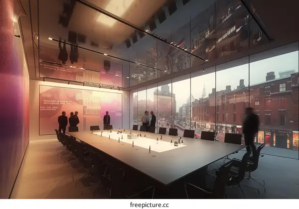 Business meeting in modern office with glass walls and city view