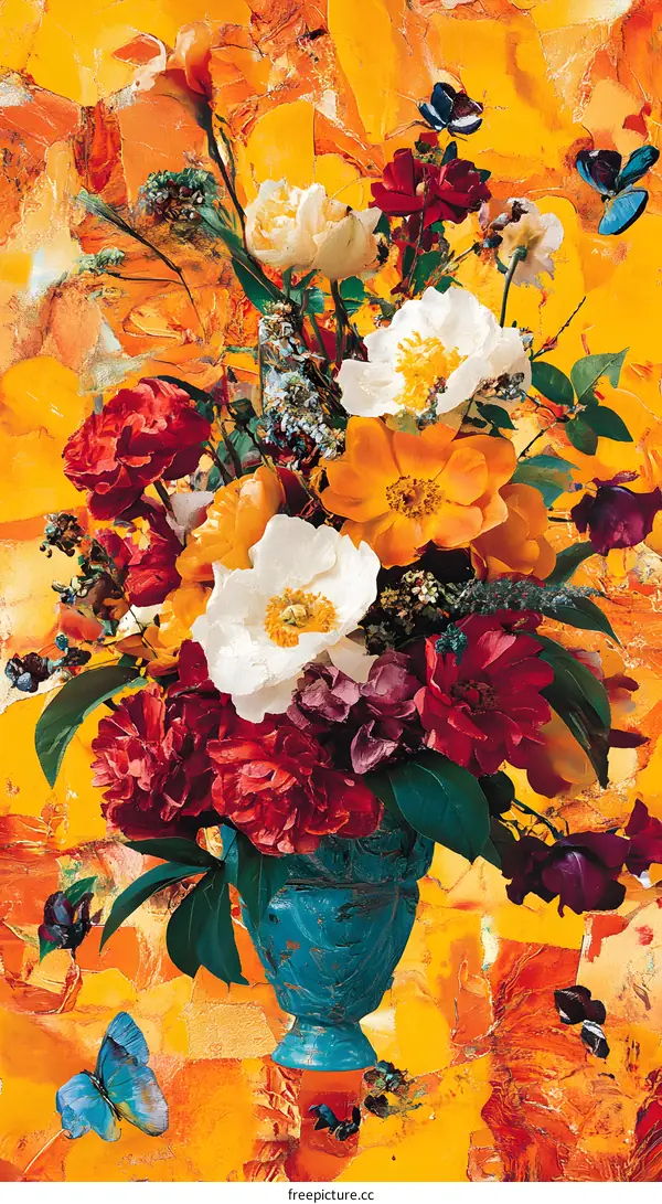 Colorful Flower Bouquet In A Blue Vase With Butterfly Motifs