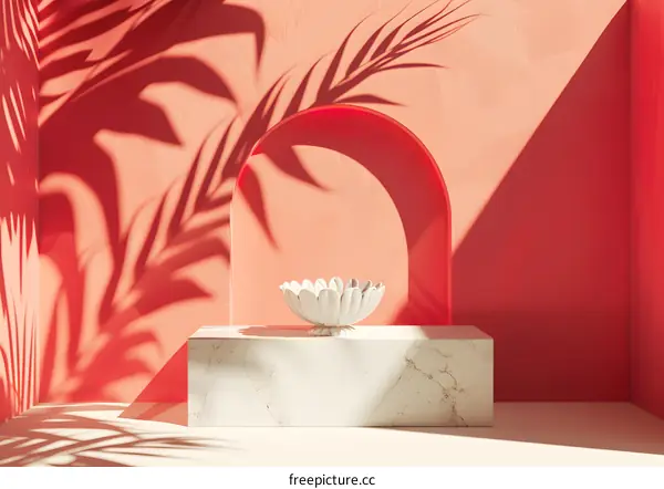Minimalist Product Display with White Bowl and Palm Leaf Shadows