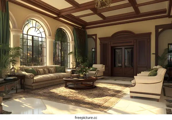 Elegant Living Room Interior Design with Arched Windows and Wooden Ceilings