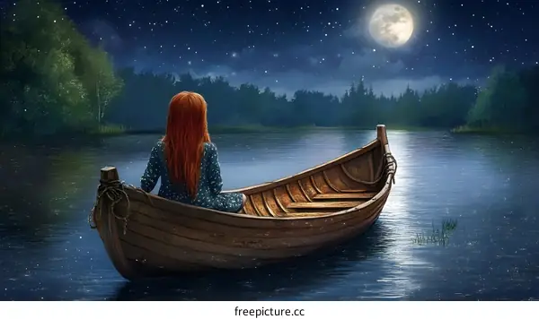 Woman in a Boat Under a Full Moon and a Starry Night Sky