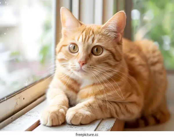 A ginger cat is sitting on a window sill and looking out the window
