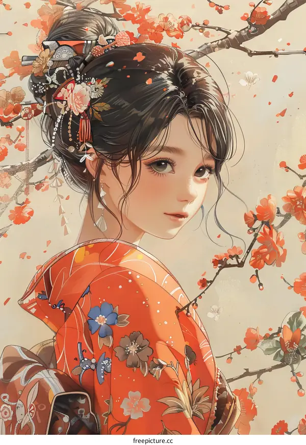 A beautiful Japanese girl in a kimono standing in a field of cherry blossoms.