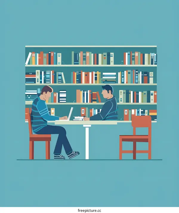 Two Men Working at a Desk With Bookshelf Behind Them