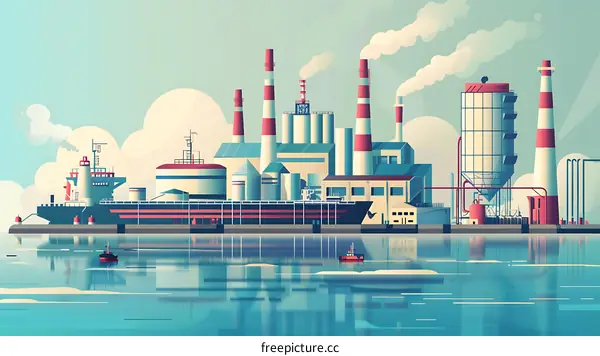 Industrial Cityscape with Factory and Ocean