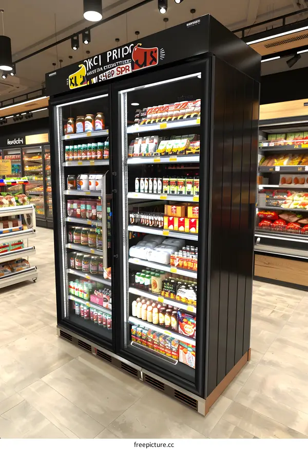 Refrigerator Display in Supermarket with Food Products