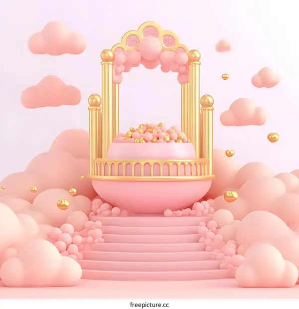 Pink Gold 3D Rendered Cloud Archway with Stairs