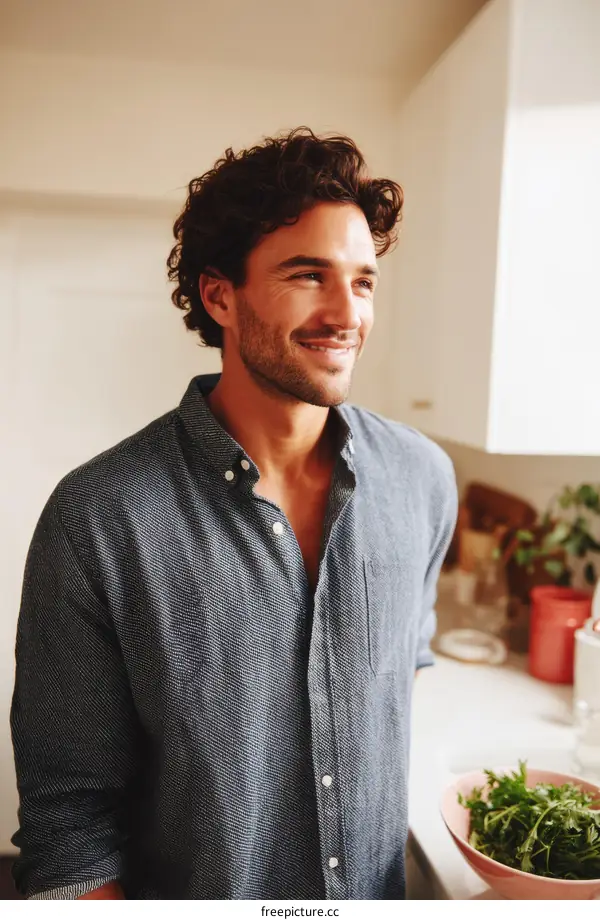Smiling man in casual shirt standing near fresh green vegetables
