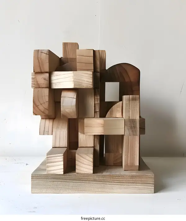 Abstract Wooden Sculpture Stacked Geometric Blocks