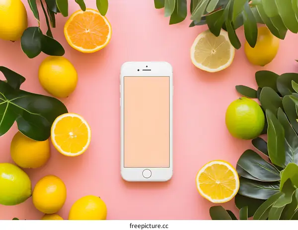 Flat Lay with Lemons, Limes, Phone and Green Leaves on Pink Background