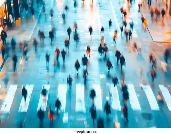 Blurry Image Of Many People Walking On A Wet Street