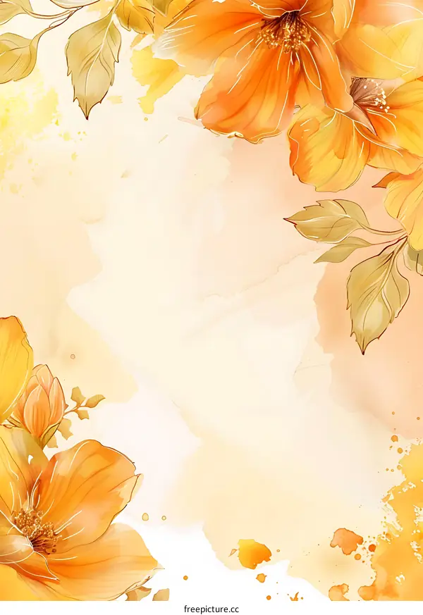 Watercolor Floral Background with Orange Flowers and Leaves