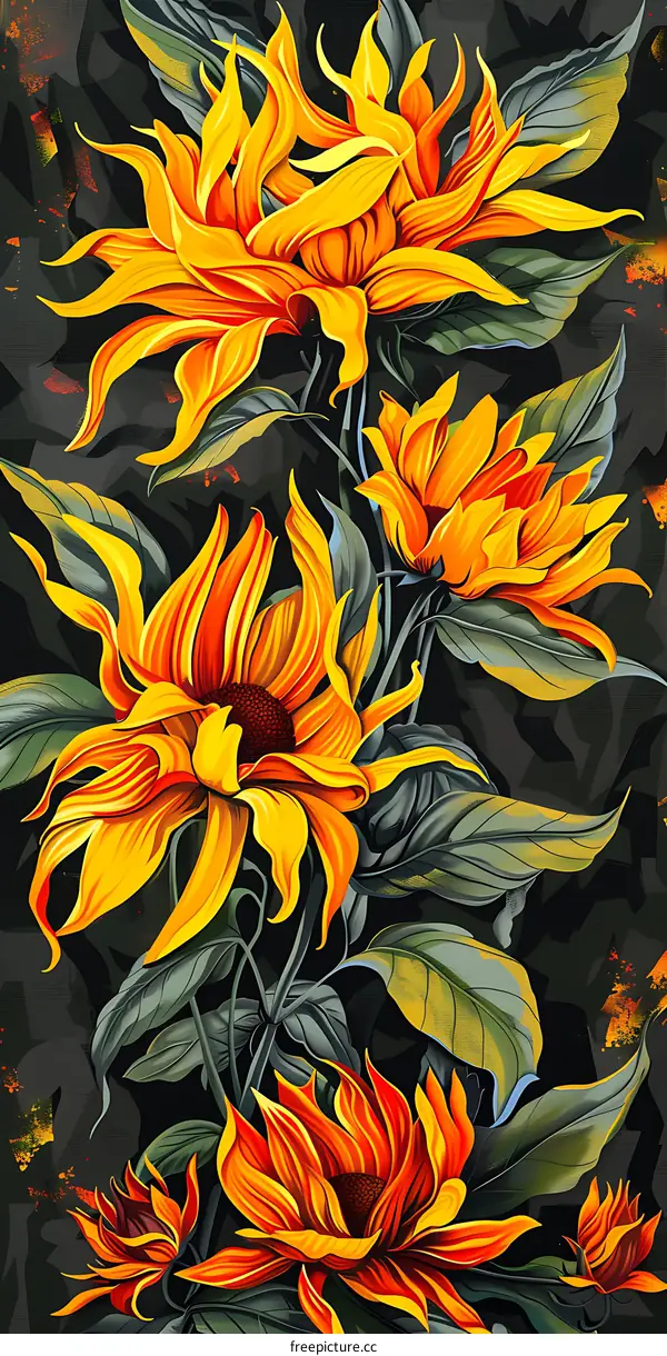 Yellow Sunflowers with Black Background Illustration