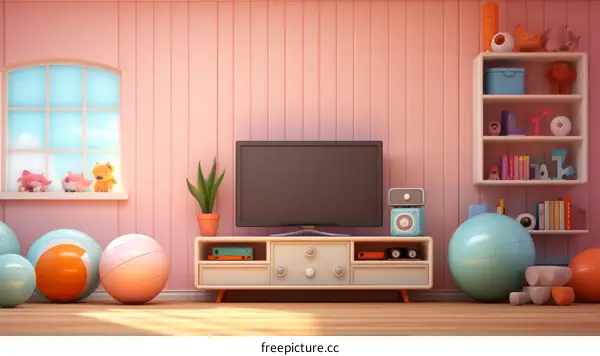 A cozy living room with a TV, bookshelves, and exercise balls