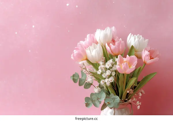 Beautiful Pink and White Tulips Bouquet on Pink Background