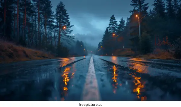Driving through a wet coniferous forest at night