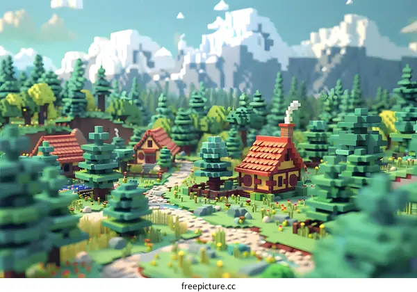 isometric pixel art mountain village