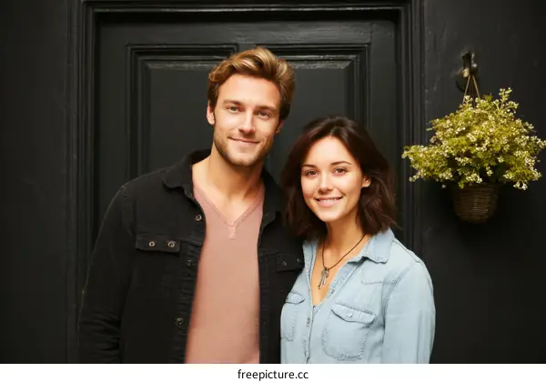 Couple Posing Outdoors in Front of a Door
