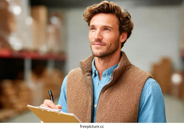 Warehouse Worker Taking Notes in Distribution Center