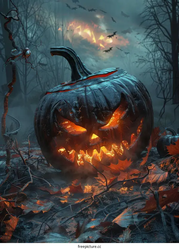 Eerie Halloween Jack-o'-Lanterns in a Spooky Forest