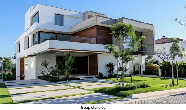 Modern White House with Green Grass Lawn and Concrete Driveway